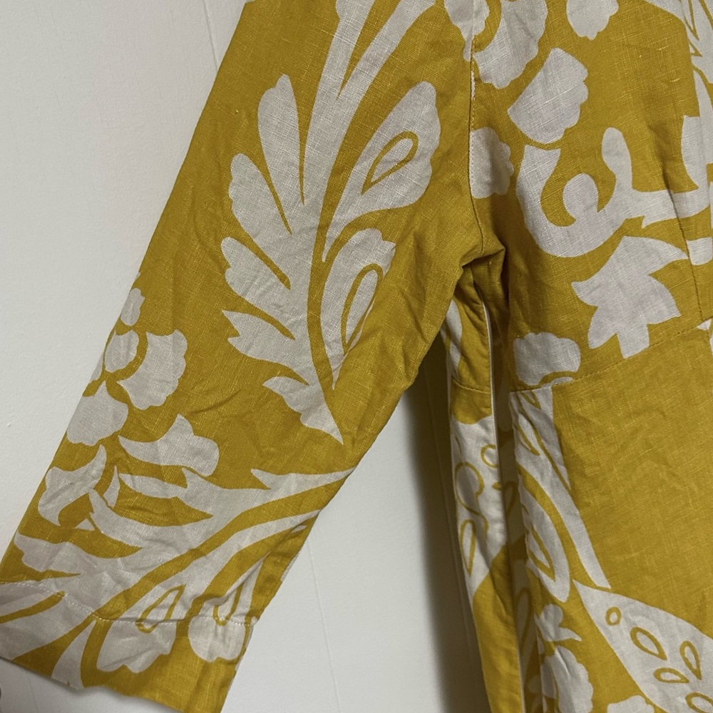 Boden 10 Long mustard yellow floral linen 3/4 sleeve dress - Picture 3 of 8